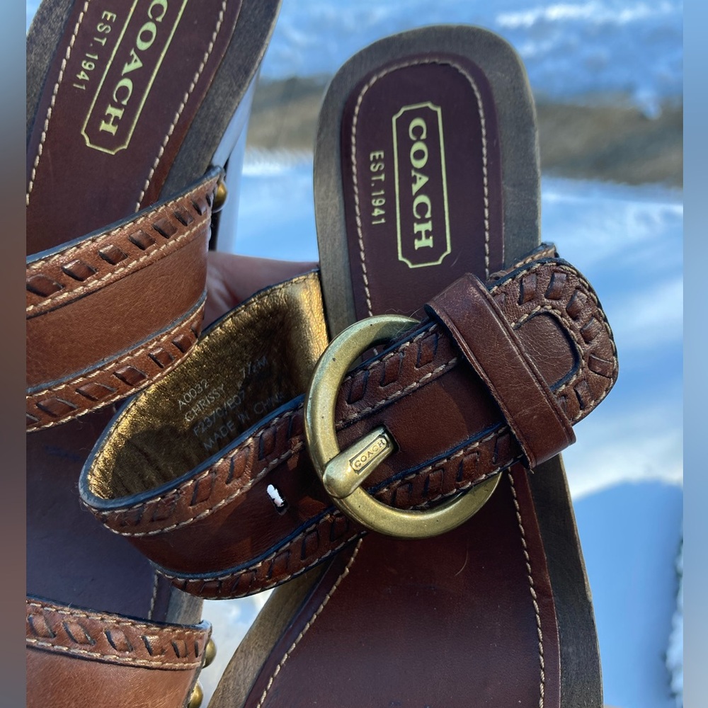Coach Chrissy Brown Leather Whipstitch Gold Buckle Gold Studded Wooden Heels - Picture 4 of 17